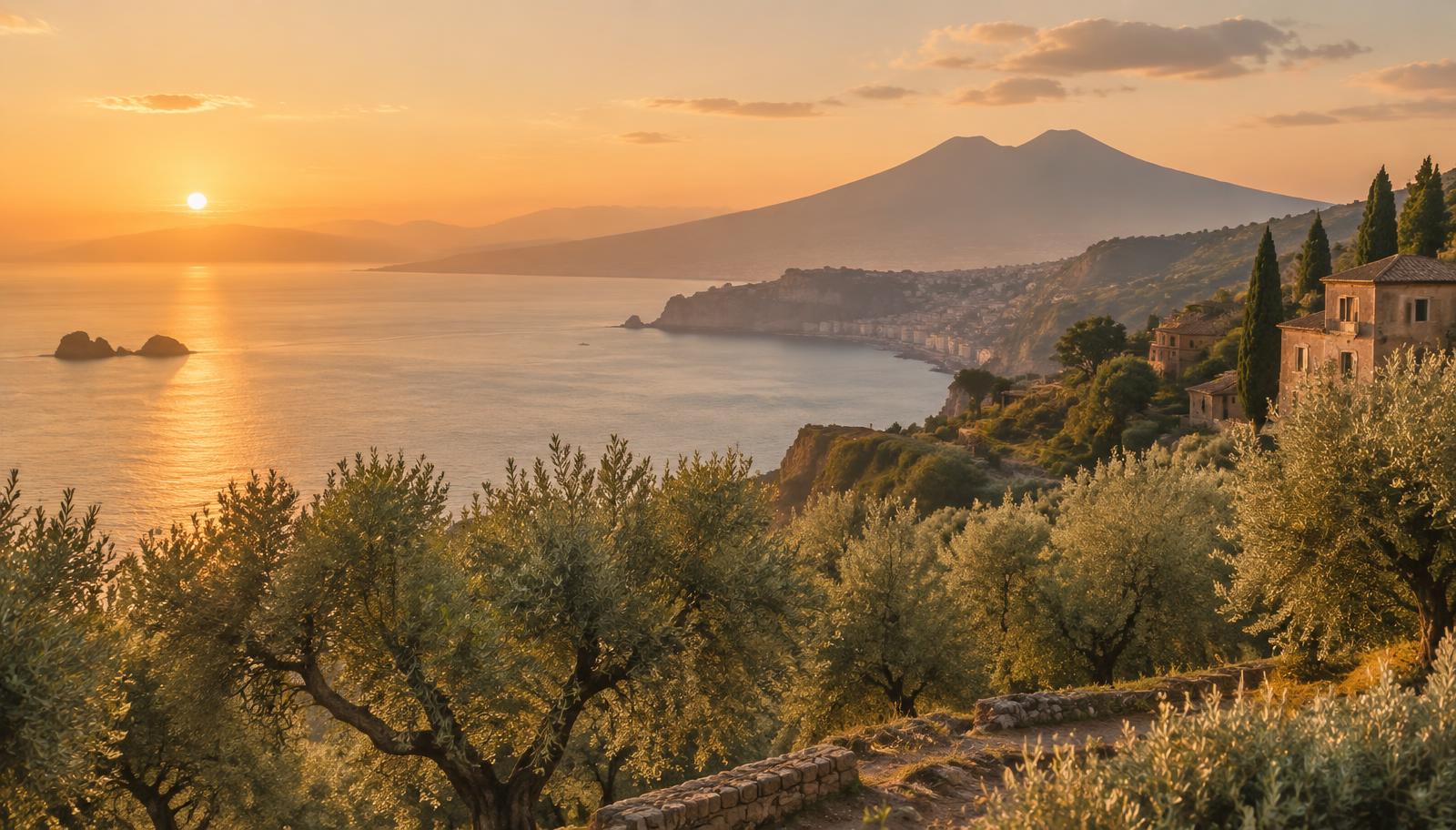 Costa mediterranea al tramonto, tra olivi e mare calmo